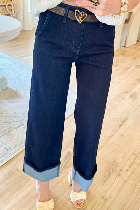 Dark Denim Wide Leg Cuffed Jeans