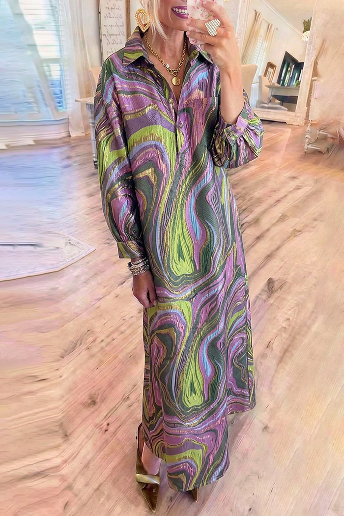 Purple Multi Marble Swirl Collared Pockets Maxi Shirt Dress