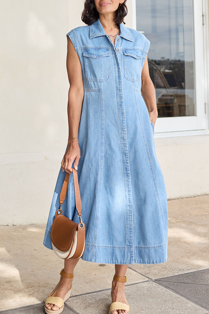 Light Blue Pocketed Sleeveless Denim Shirt Dress