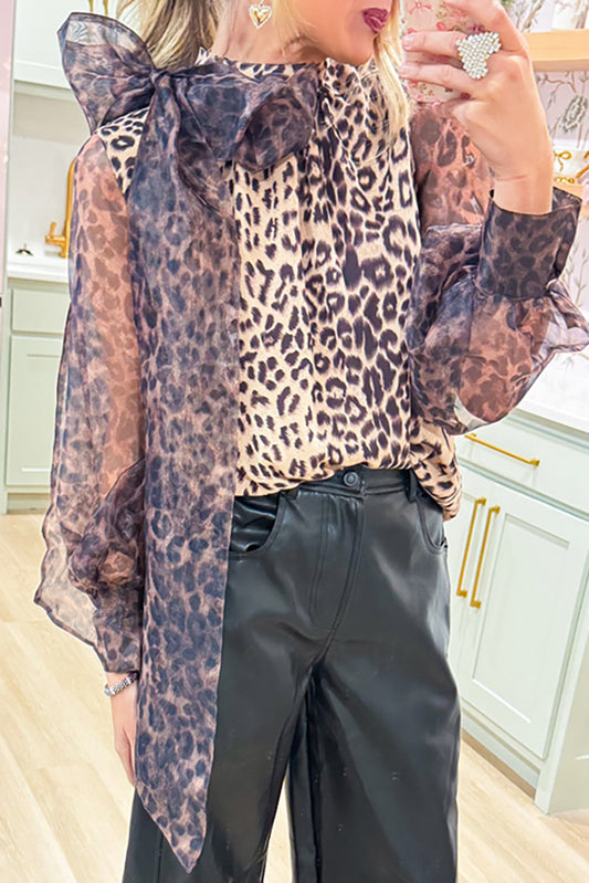 Casual Leopard Sheer Sleeve Bow Top
