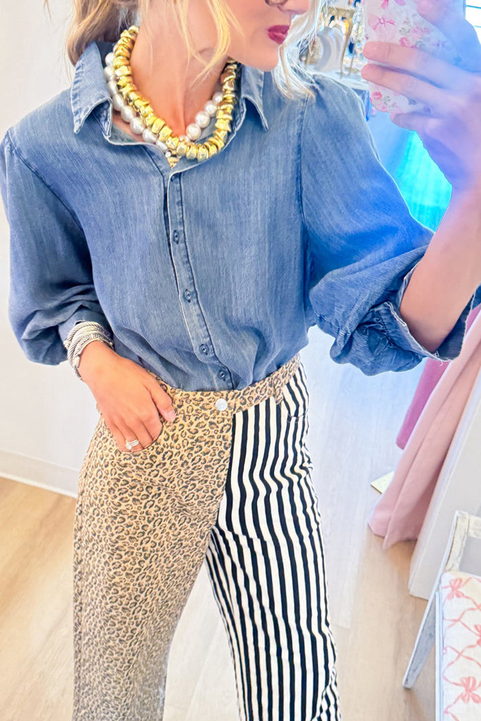 Washed Denim Bubble Sleeve Top