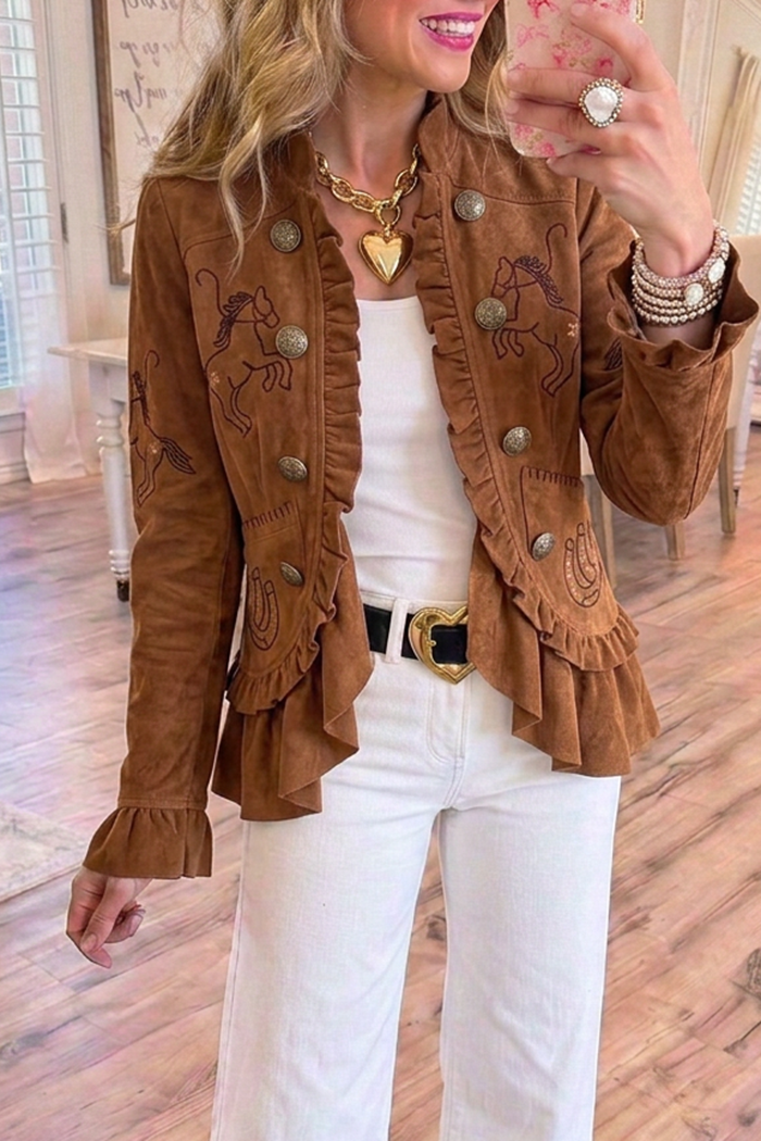 Brown Western Horse Horseshoe Embroidery Ruffle Hem Jacket