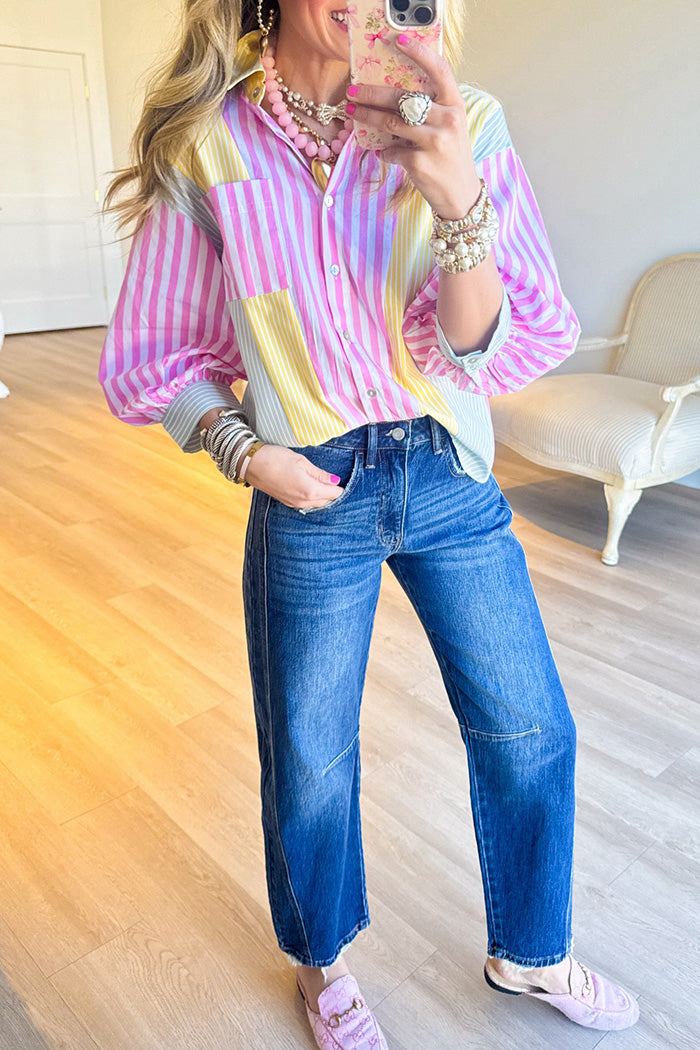 Color Block Stripe Collared Top