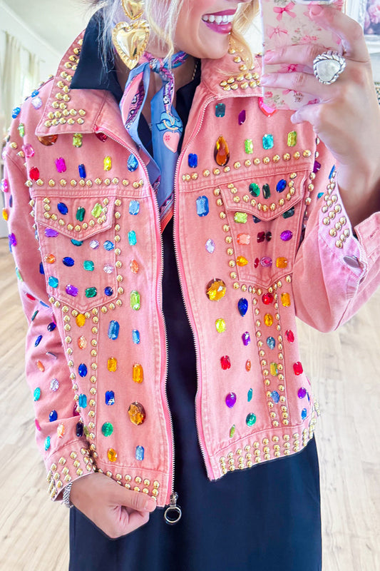 Pink Jeweled Zip Denim Jacket