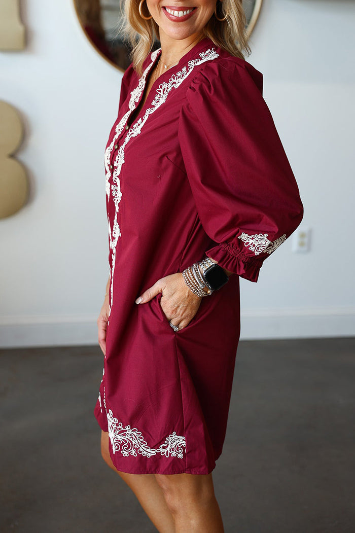 Embroidered Trim Pocket Dress