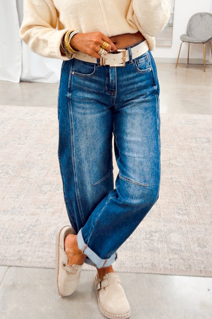 Cuffed Barrel Leg High Rise Jeans