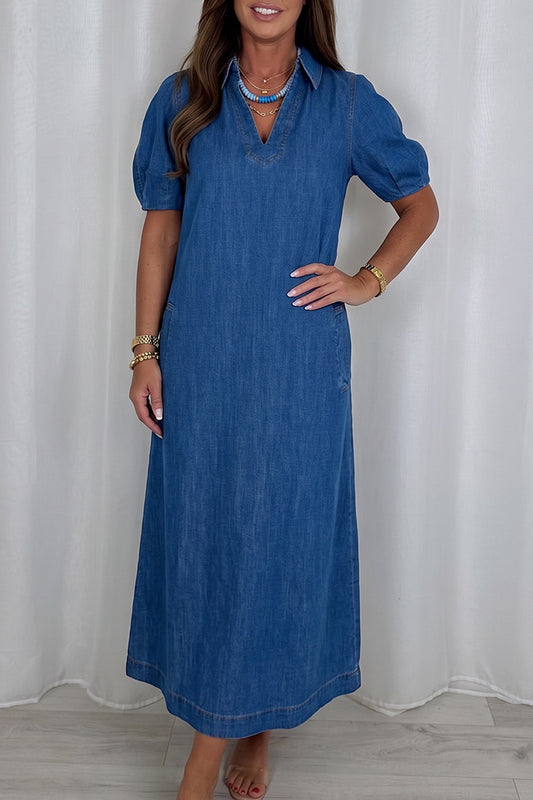Denim Puff Sleeve Maxi Dress