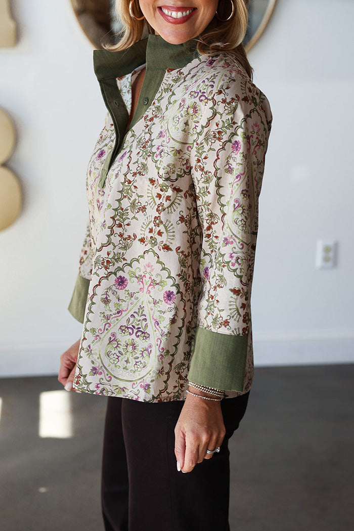 Floral Print Contrast Trim Button Front Top