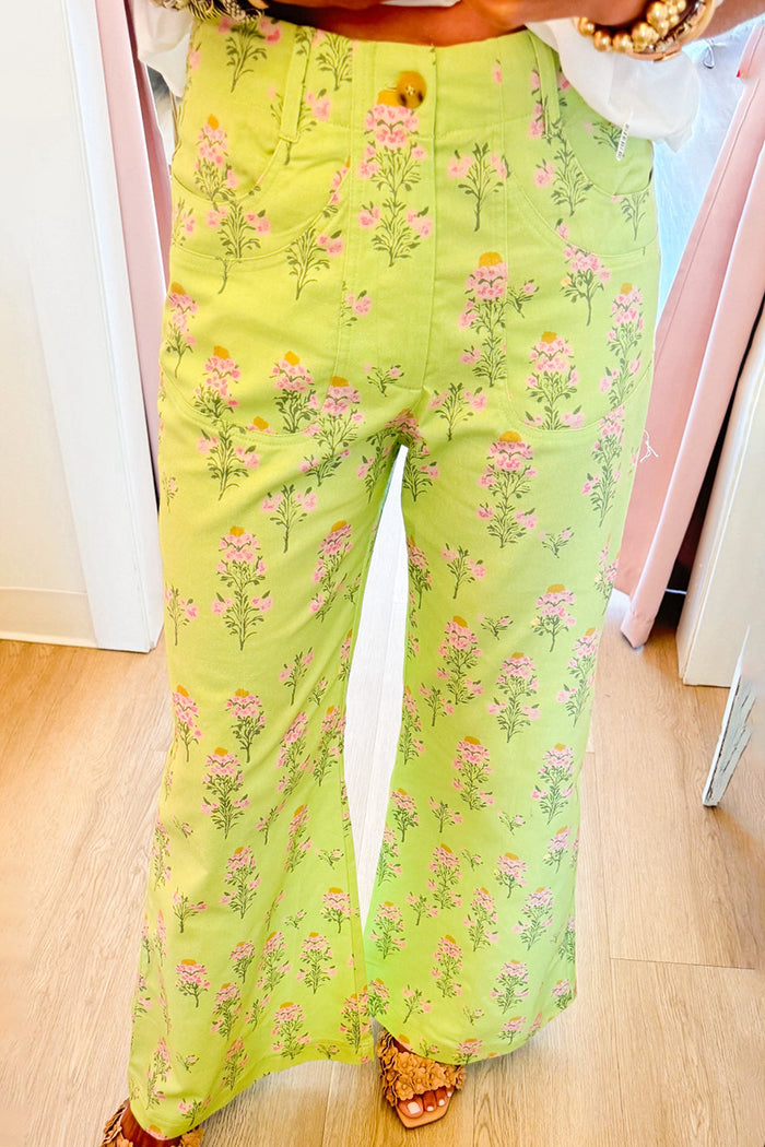 Casual Lime Green Mix Floral Flare Pants