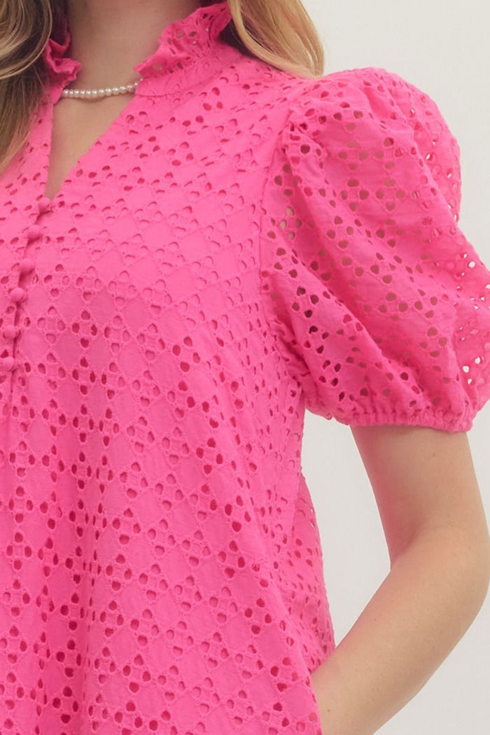 Puff Sleeve Ruffle Eyelet Midi Dress