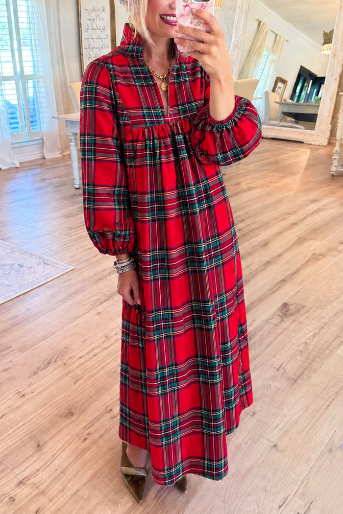 Stand Collar Plaid Long Bubble Sleeves Pocket Maxi Dress