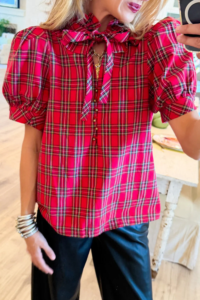 Red Plaid Ruffle Neck Top
