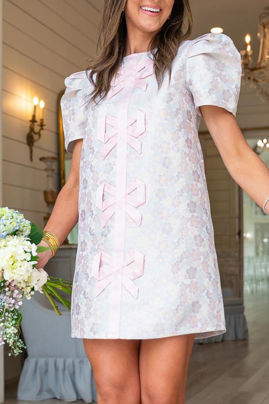 Bow Trim Puff Sleeve Shift Dress