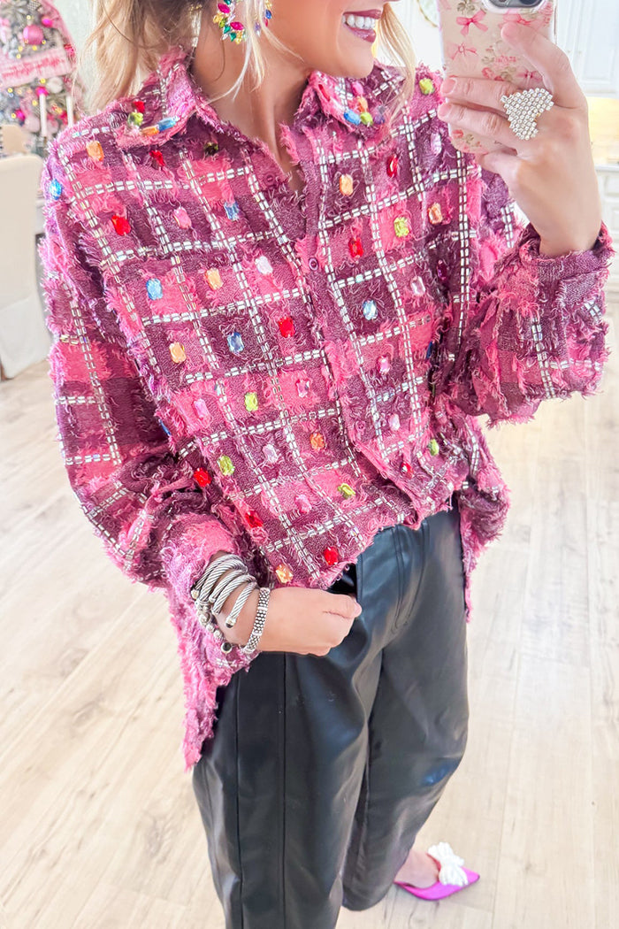Chic Rhinestone Checkered Shirt