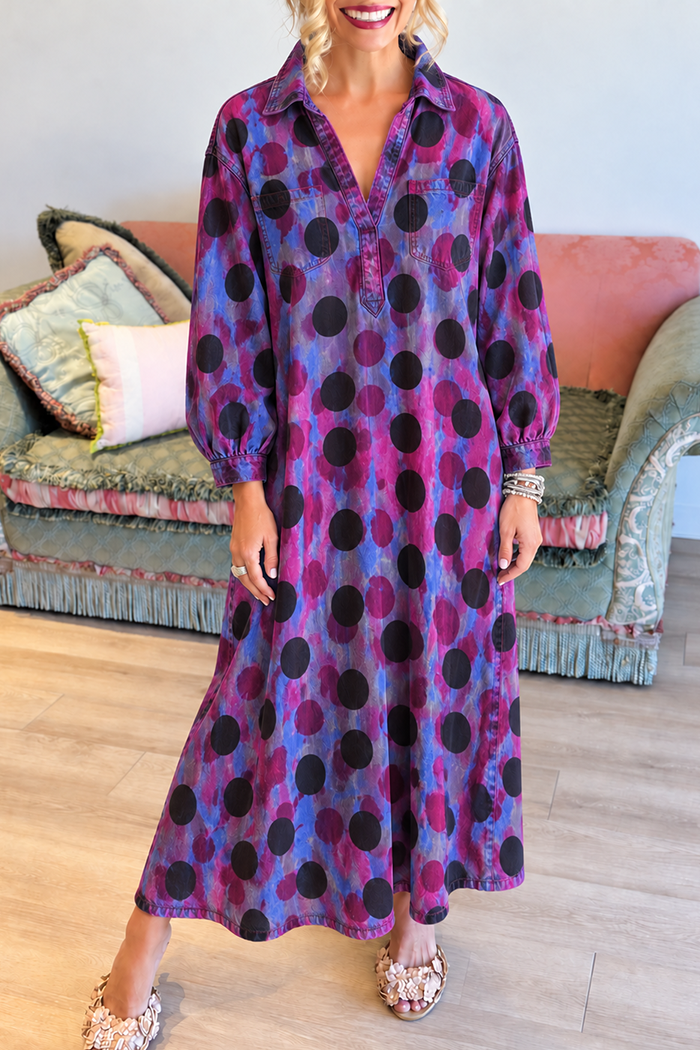 Polka Dot Tie Dye Collar Pockets Maxi Dress