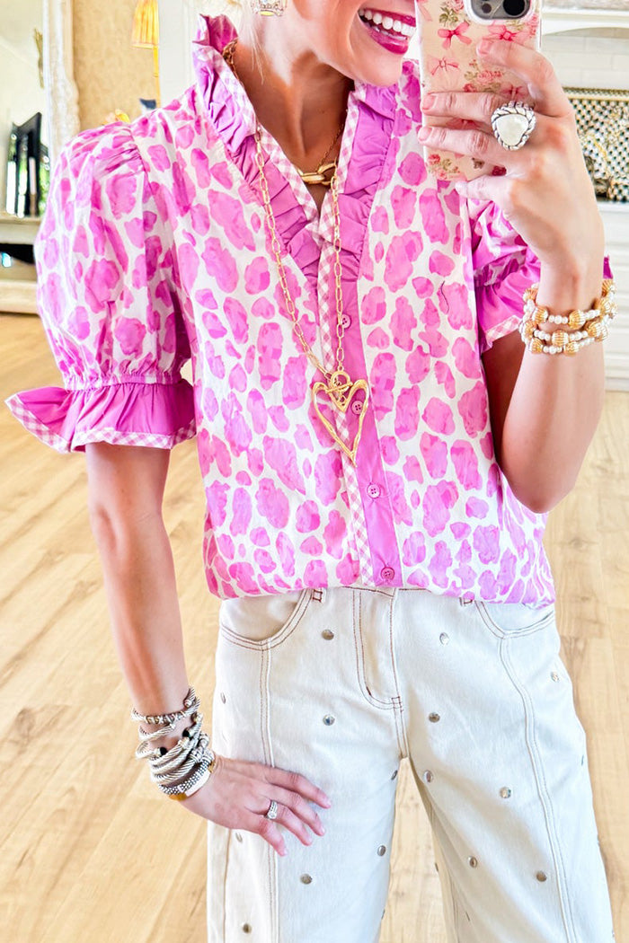 Leopard Ruffle Neck Button Up Top