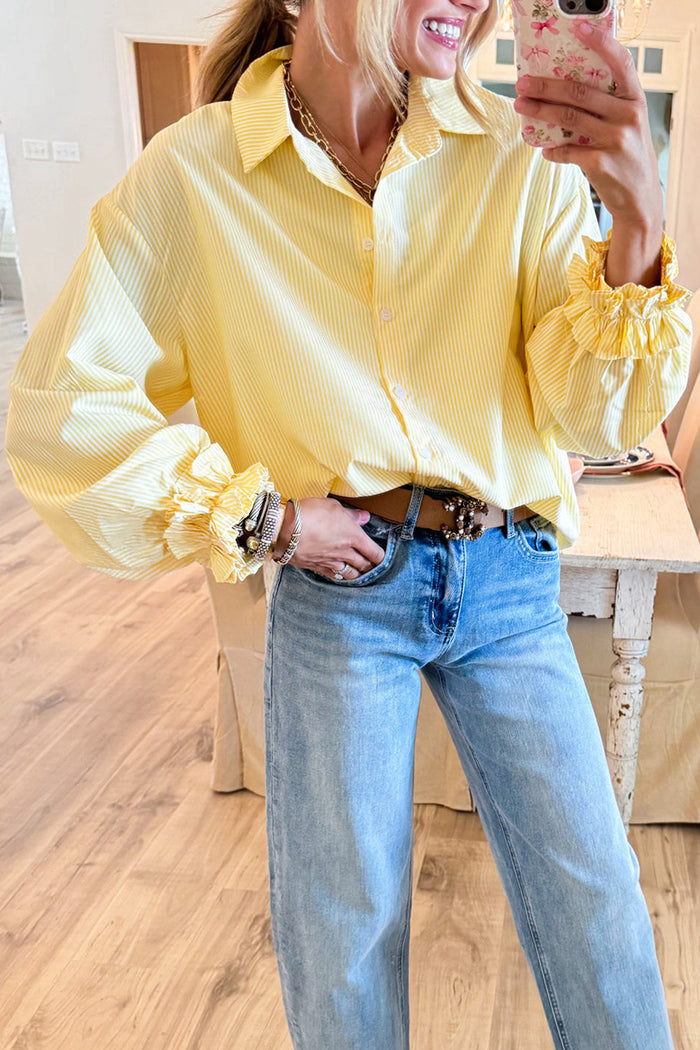 Casual Yellow Stripe Ruffle Detail Top