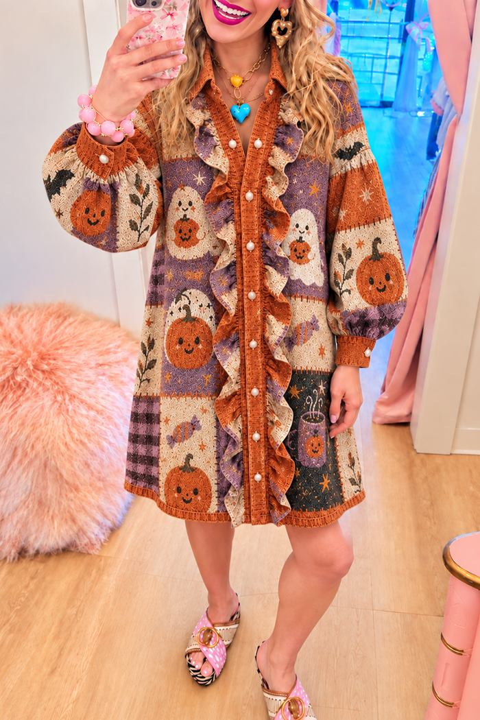 Ghost Pumpkin Ruffled Front Placket Dress