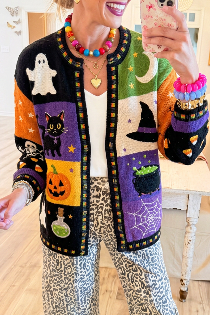 Round Neck Knit Ghost Cat Witch Embroidery Cardigan