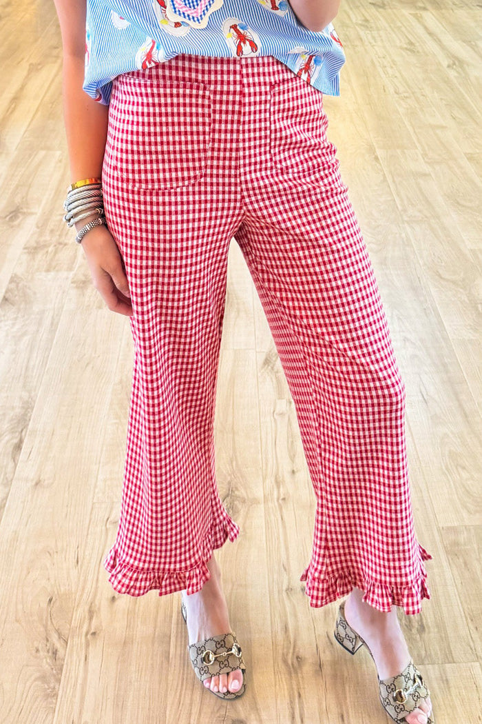 Red Gingham Ruffle Hem Pocket Pants