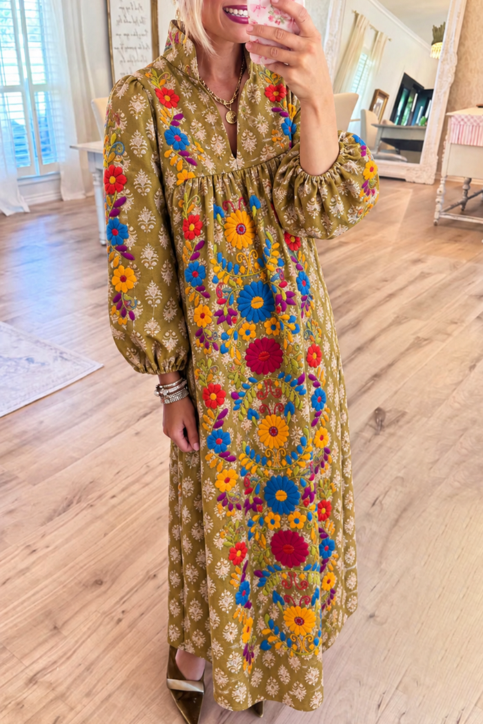 Olive Embroidered Bubble Sleeve Maxi Dress