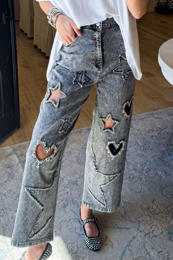 Star Heart Cutout Washed Rhinestone Jeans