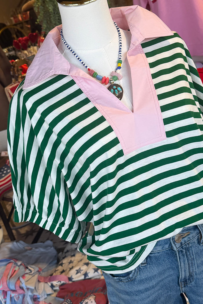 Casual Contrast Collar Striped Top