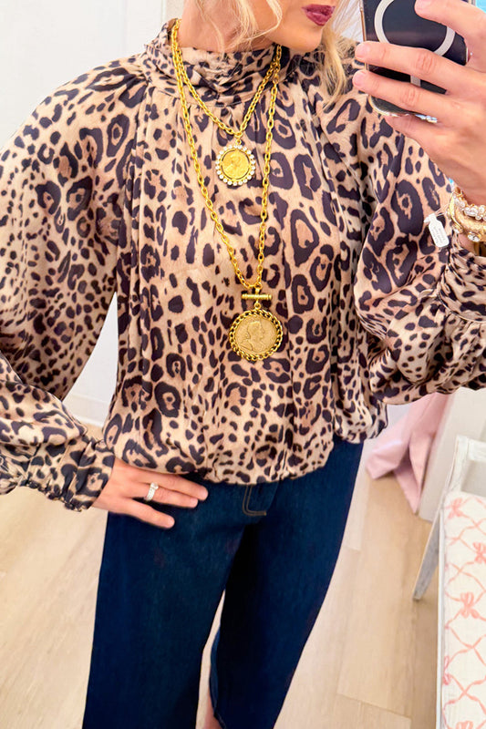 Camel Leopard Balloon Sleeve Top