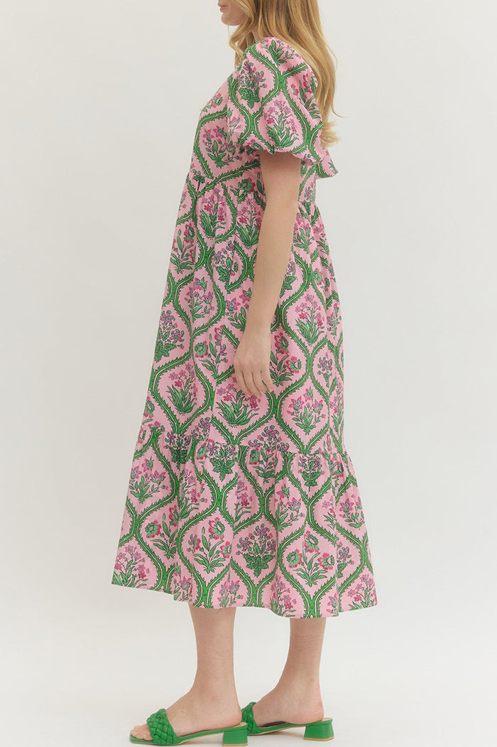 Floral Puff Sleeve Tiered Pocket Midi Dress