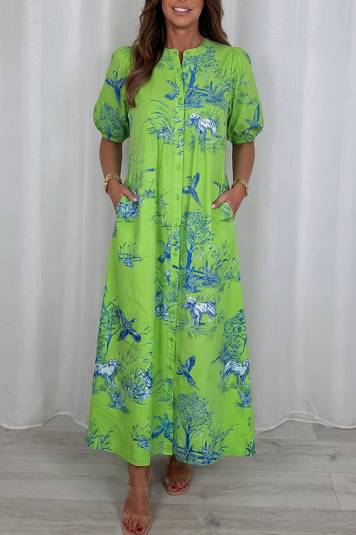 Puff Sleeve Button Down Print Pocket Maxi Dress