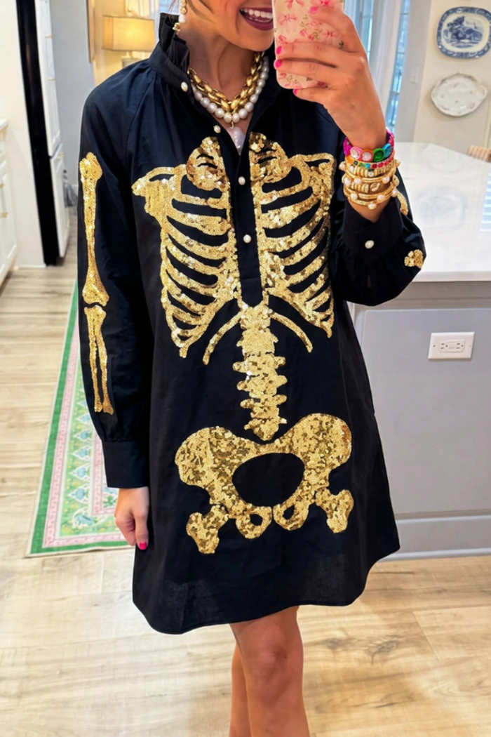 Halloween Skeleton Gold Sequin Ruffle Collar Dress