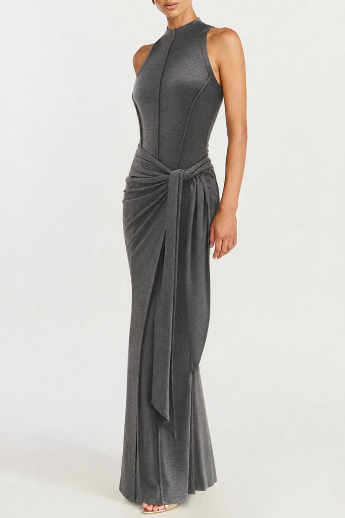 Sleeveless Ruched Knotted Fitted Maxi Dress