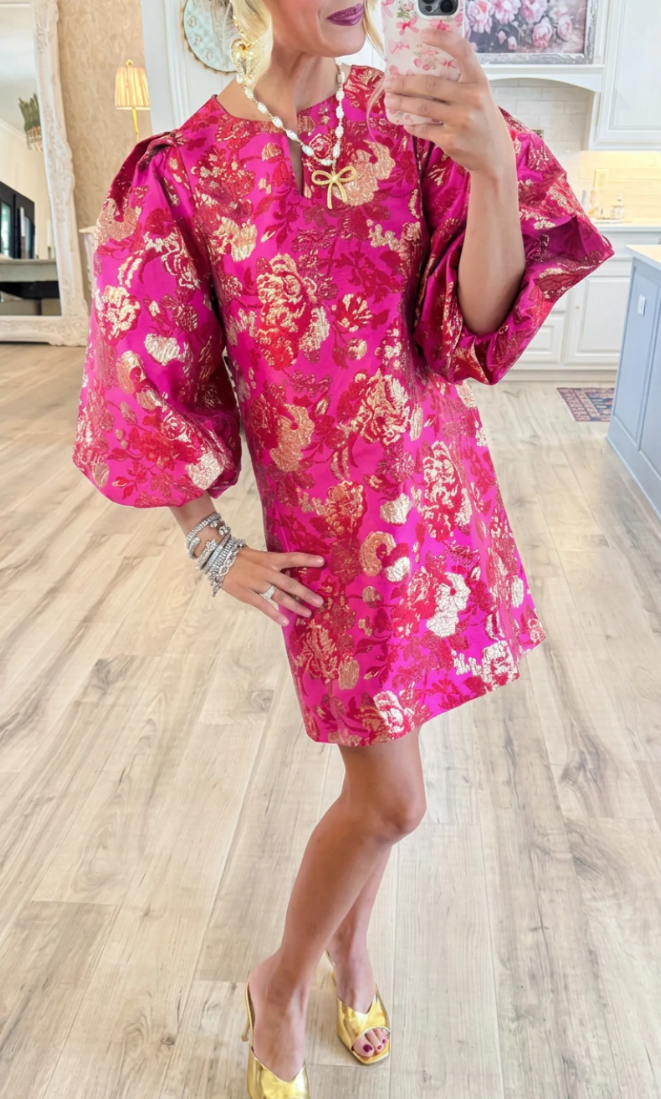 Hot Pink Gold Accent Jacquard Shift Dress