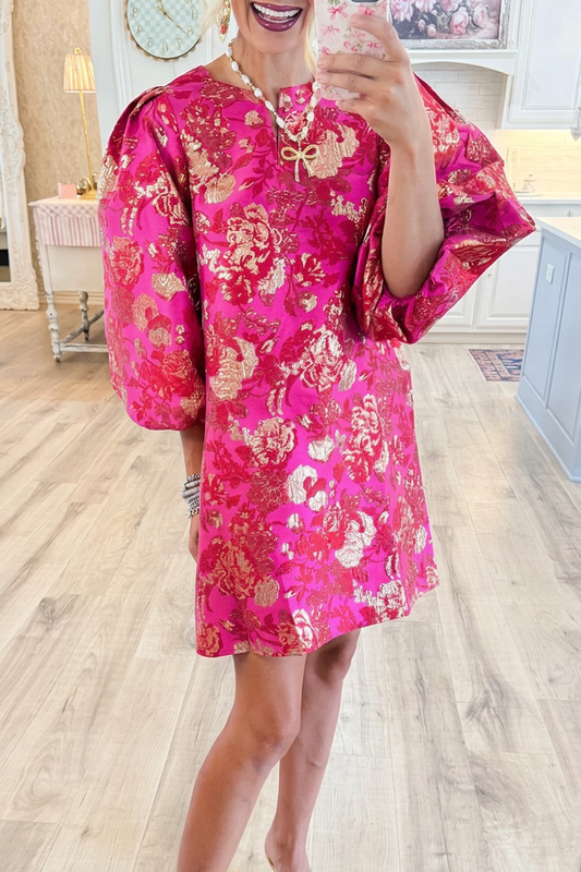 Hot Pink Gold Accent Jacquard Shift Dress