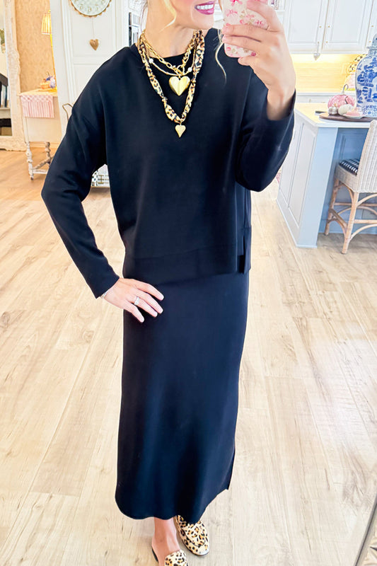Black Midi Dress and Sweater Two-Piece Set