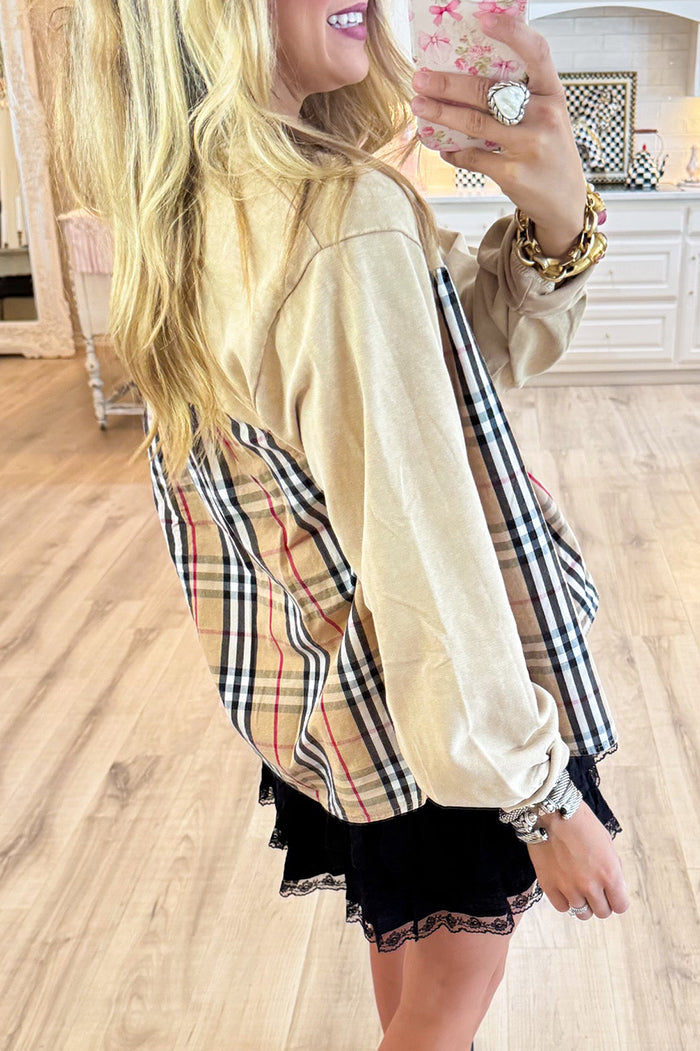 Taupe Solid & Plaid Mix Match Top