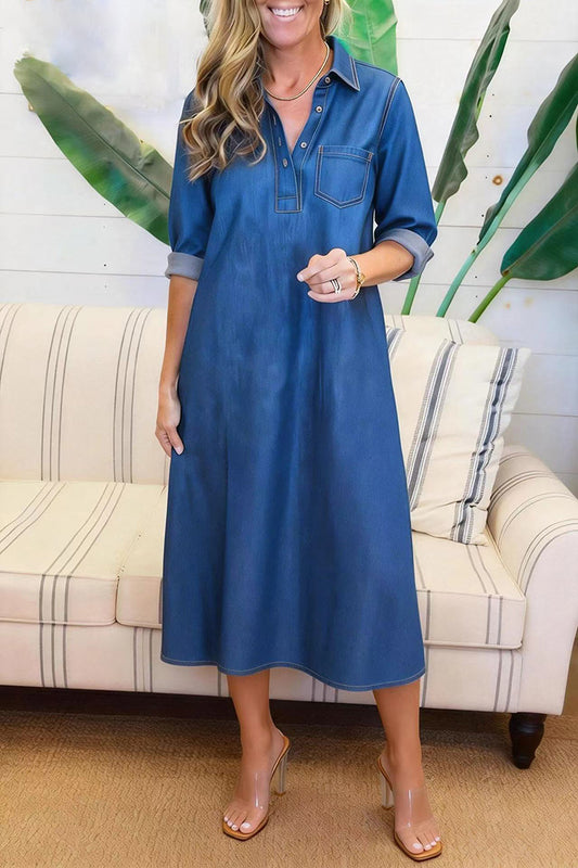 Pocket Denim Midi Shirt Dress