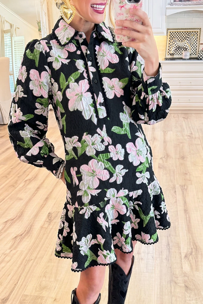 Collared Crinkle Black Pink Floral Jacquard Pocket Dress