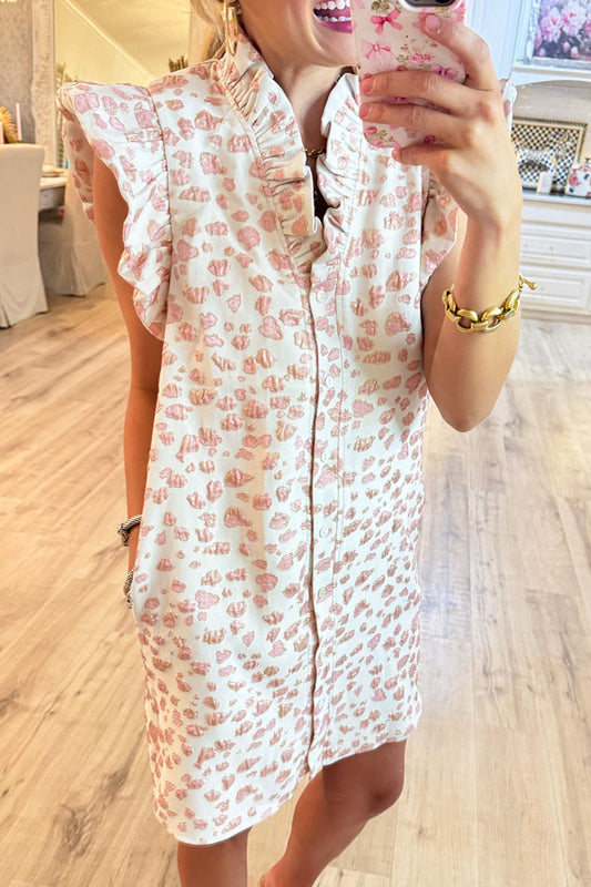 Ruffle Neck Abstract Pattern Pocket Button Dress