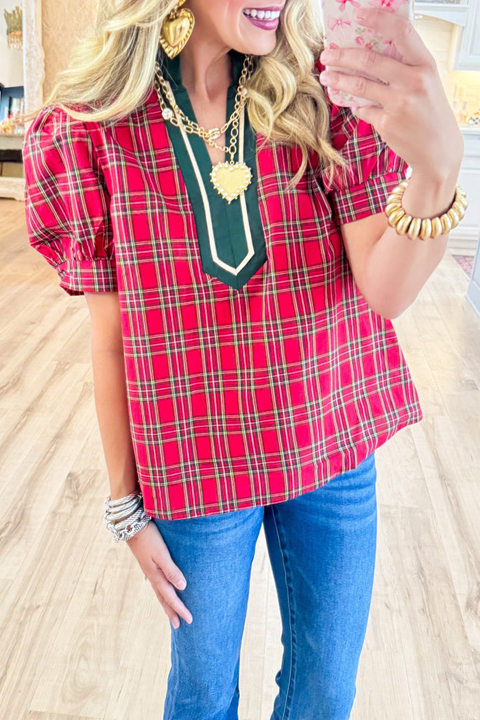 Plaid Caftan Puff Sleeves Top