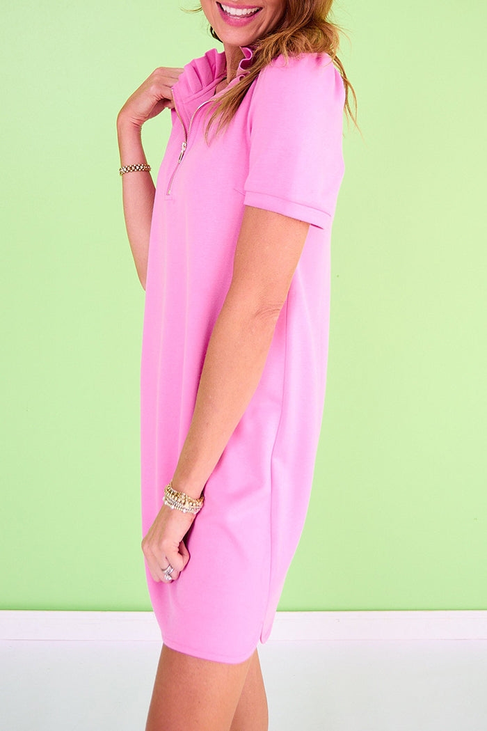 Short Sleeve Ruffle Collar Zip Air Dress
