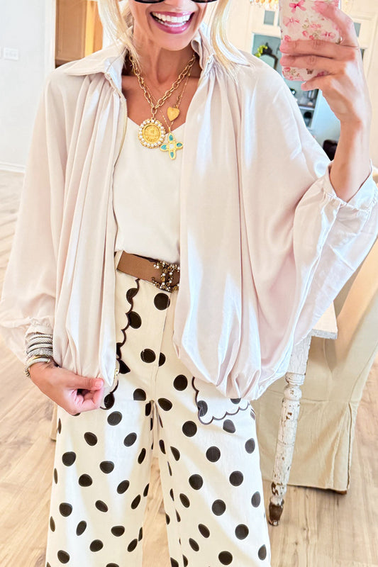 Casual Cream Balloon Zip Up Top