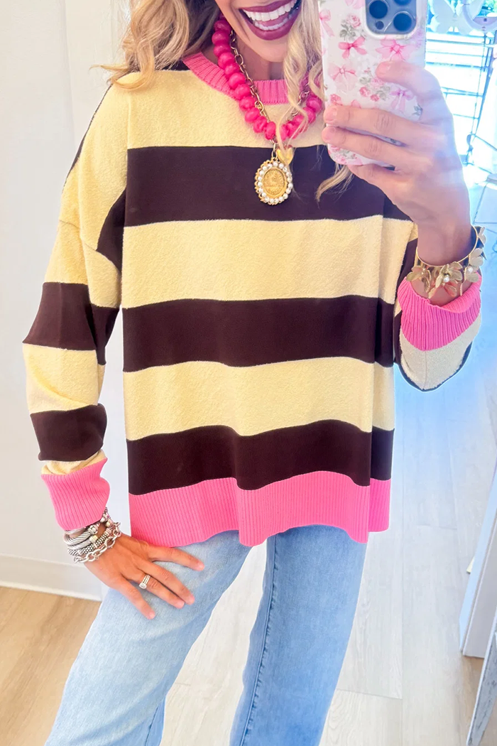Cream Contrast Stripe Knit Long Sleeve Top