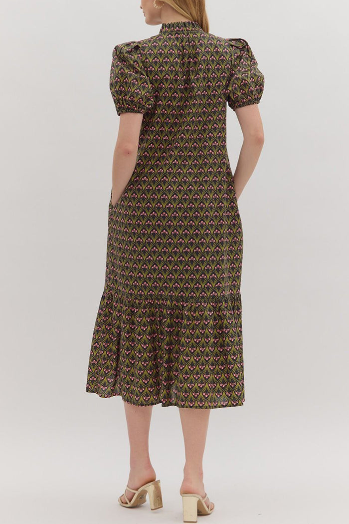 Puff Sleeve Ruffles Hem Dress