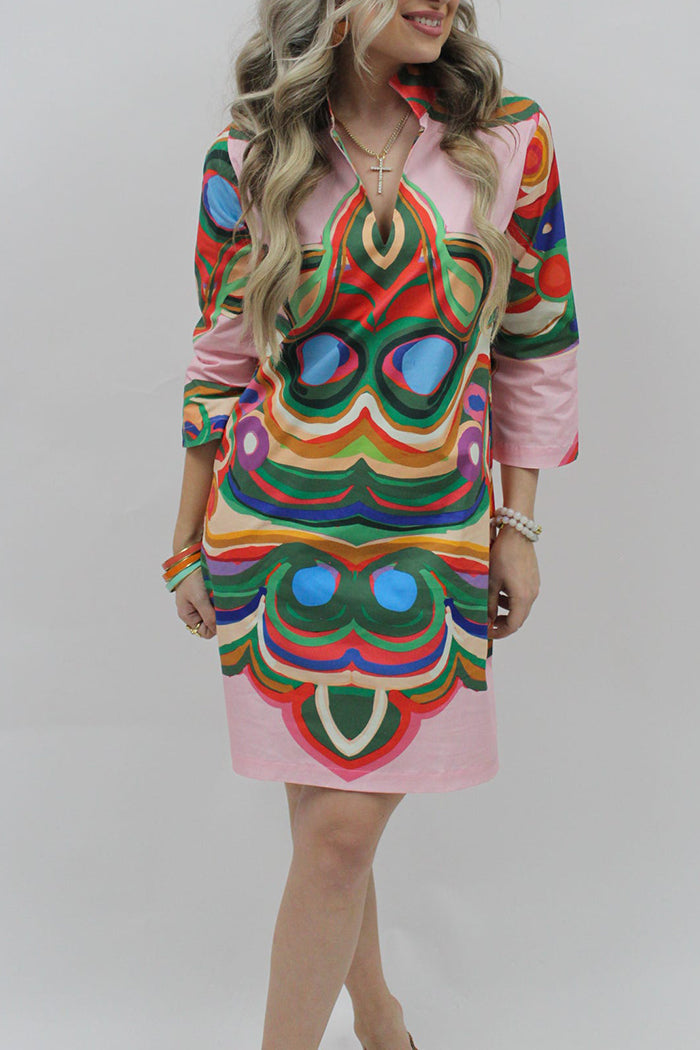 Printed Stand Collared Pocketed Shift Dress