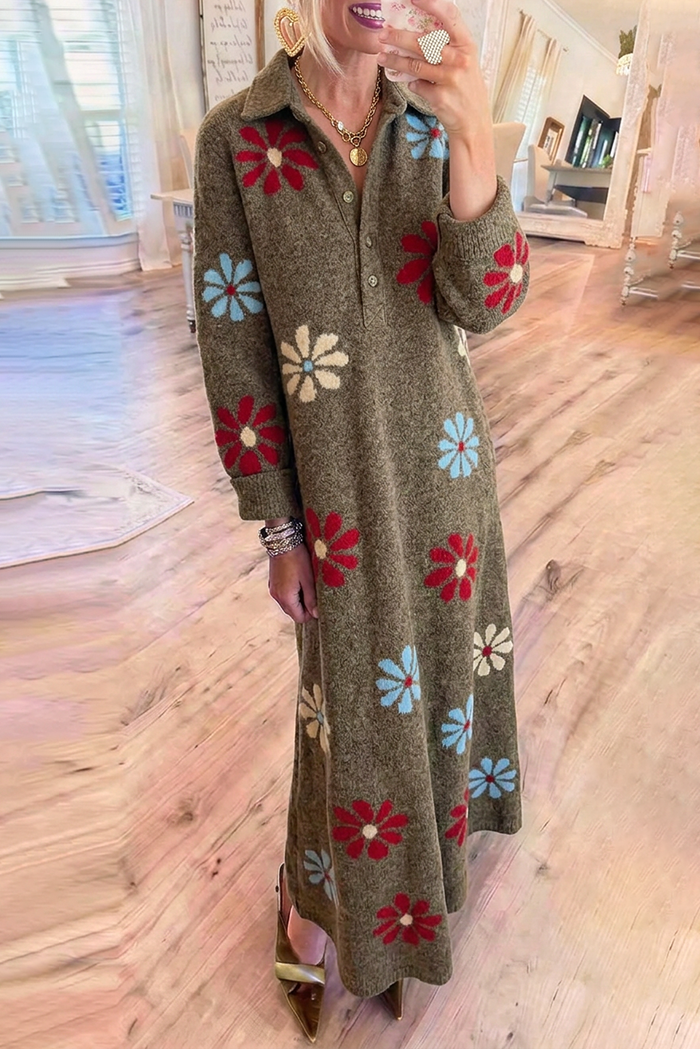 Floral Jacquard Knit Collared Maxi Dress