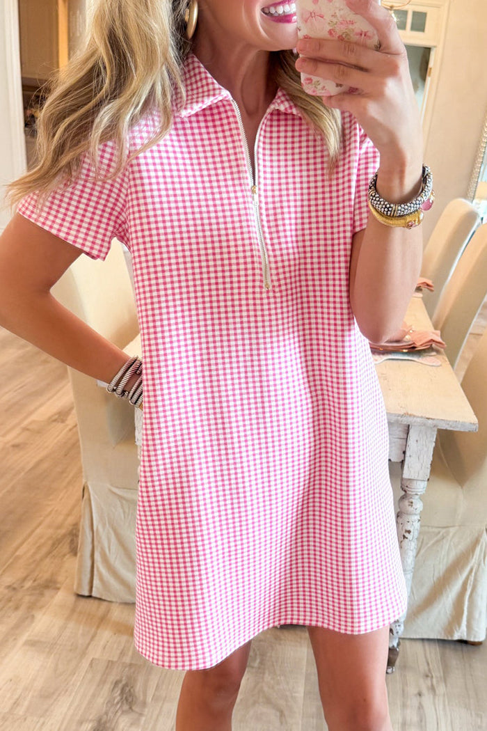 Pink Gingham Half Zip Pocket Mini Dress