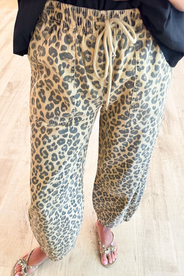 Leopard Drawstring Parachute Pants