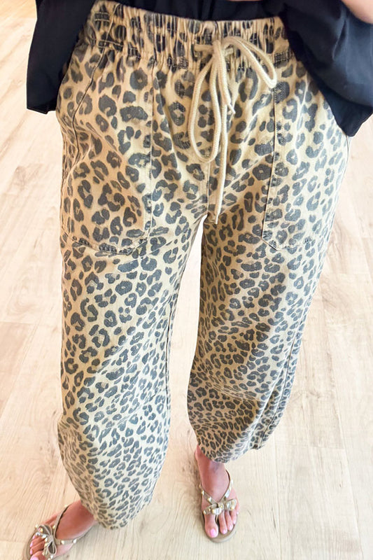 Leopard Drawstring Parachute Pants