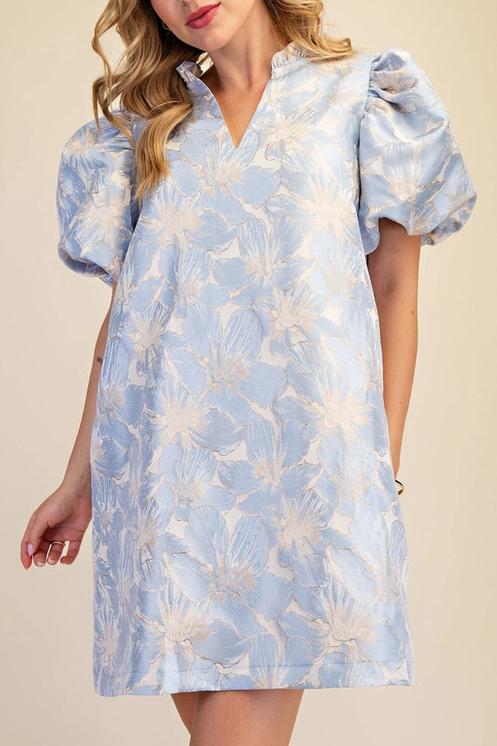 Ruffle V-Neck Puff Sleeve Floral Jacquard Dress